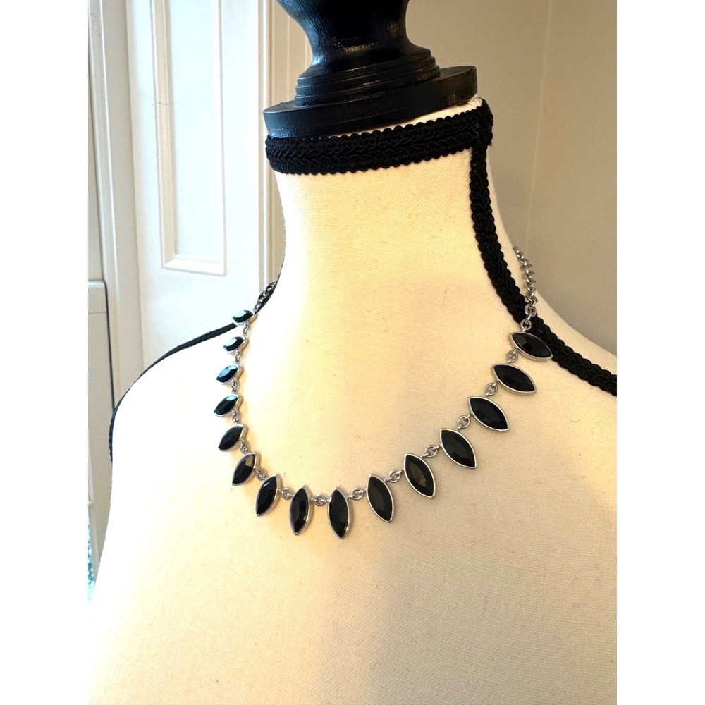WHBM Silver Tone Black Marquise Statement Necklace Modern Edgy Y2K Chic
